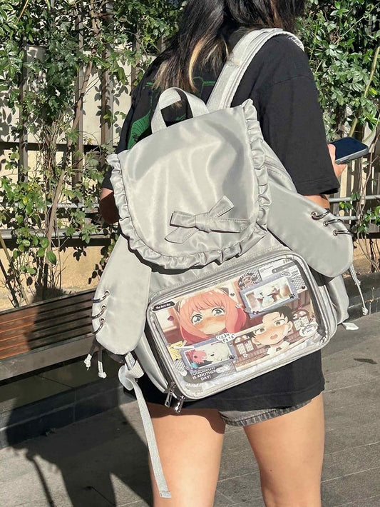 Gray Detachable Bunny Ears Design Fold-over Flap Ita Backpack
