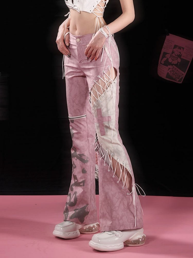 Lace-up Detail Dusty Pink Asymmetrical Flared Pants