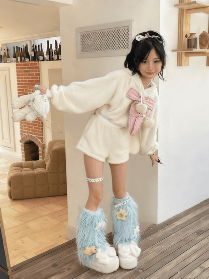 Pink/Blue Stars Decorated Plush Leg Warmers With Studded Garter