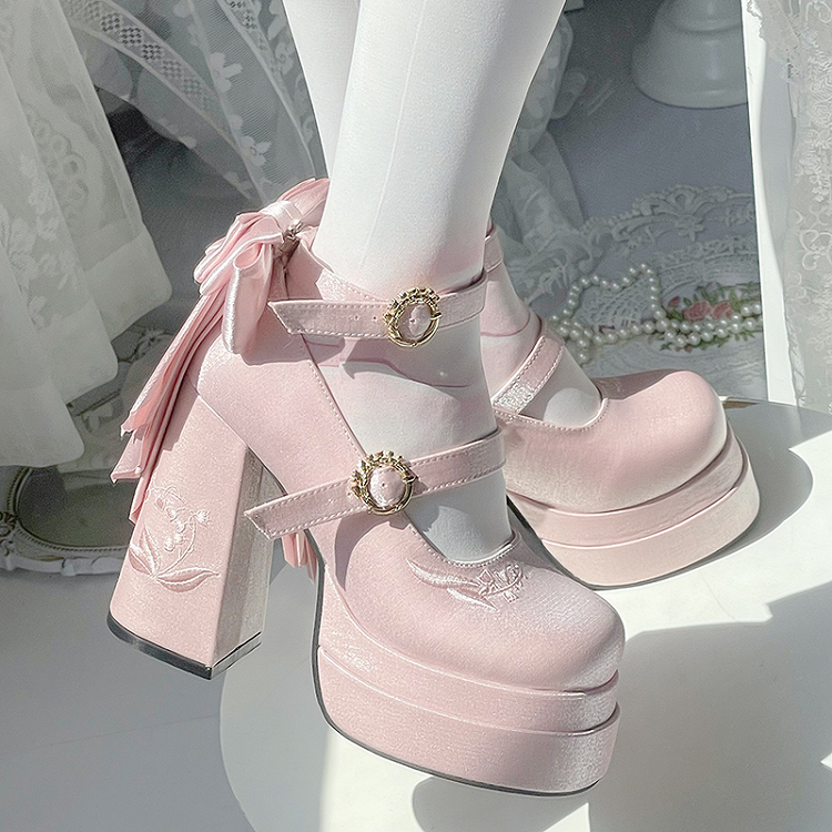 Pink Detachable Bowknot Lily of the Valley Embroidery High Block Heel Platform Mary Janes