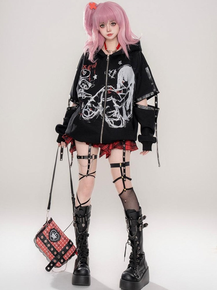 Punk Black/Beige Comic Girl Print Cutout Sleeves Zip Hoodie