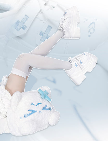 Yami Kawaii Matte White Cross Velcro Strap Kitty Ears Design Platform Shoes