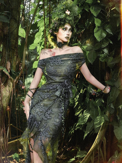 Green Off-the-shoulder Neckline Forest Fairy Goth Cascading Flounce Slit Dress