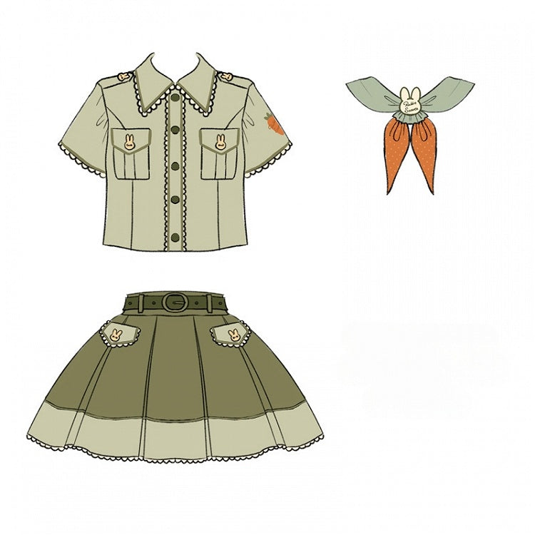 Cute Bunny Green Shirt with Carrot Tie + Skirt with Waist Belt and Plush Tail