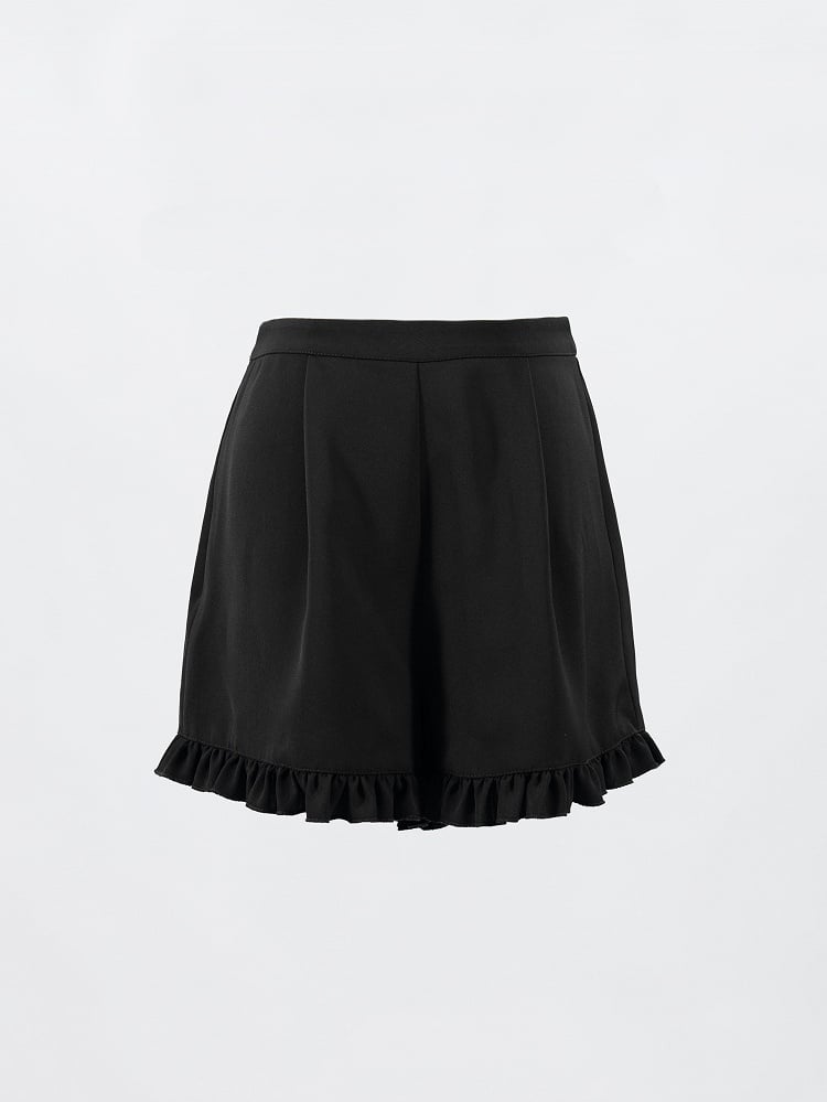 Jirai Kei Three Pieces Set Short Puff Sleeves Top Black Shorts and Grey Floral Print Cape