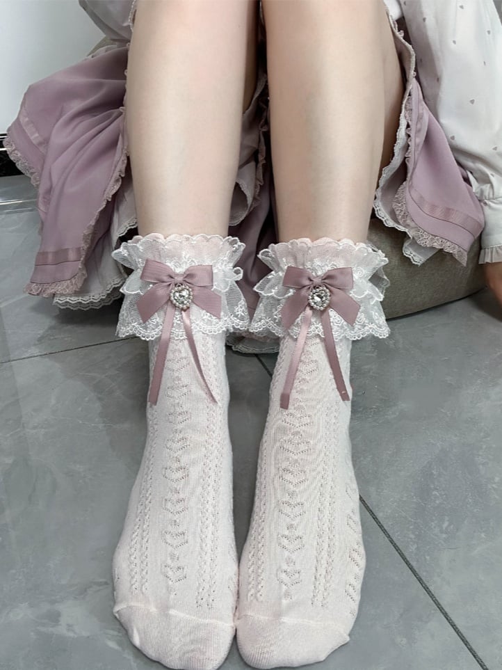 Jirai Kei Sakura Pink Bowknot and Heart Rhinestone Decoration Lace Cuffs Cotton Ankle Socks