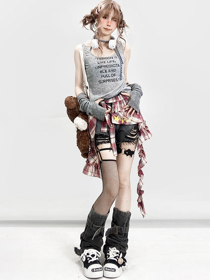 Y2K Bittersweet Black Distressed Holes Design Shorts + Leg Warmers + Red Plaid Accessory
