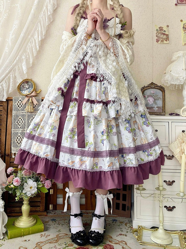 Blueberry and Ice Cream Print Tiered Skirt Purple Ruffle Trimming Lolita Dress