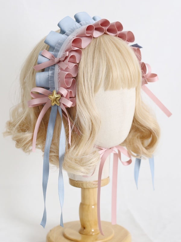Cute Lolita Blue And Pink Bowknot Hairband With Star Decoration
