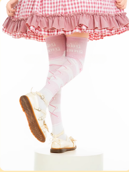 Pink Bunny Pattern Crisscorss Banded Over Knee Stockings