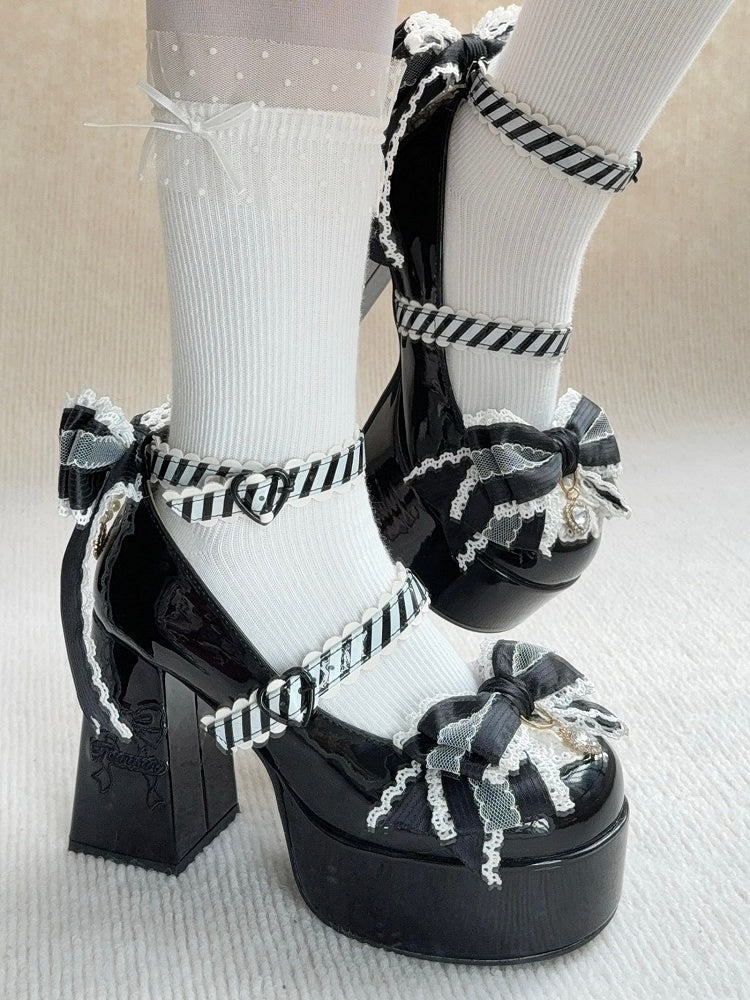 High Block Heel Elegant Black Mary Janes - Bowknot Details with Rhinestone Accents & Striped Closures