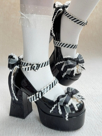 High Block Heel Elegant Black Mary Janes - Bowknot Details with Rhinestone Accents & Striped Closures