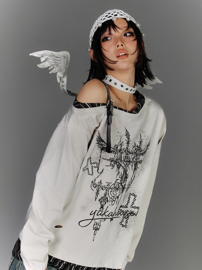 Y2K Apricot Asymmetrical Neckline Buckle Strap Glamorous Graphic Top