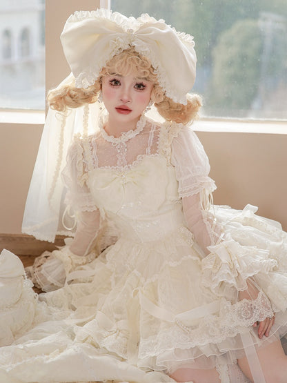 Creamy White Princess Basque Waist Lolita Dress Beads and Ribbon Bows on Skirt