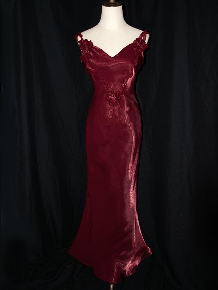 Dark Red Vintage Floral V-neck Evening Gown Lace-up Back Mermaid Dress