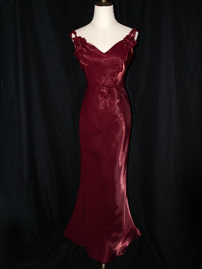 Dark Red Vintage Floral V-neck Evening Gown Lace-up Back Mermaid Dress