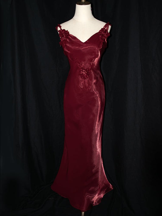 Dark Red Vintage Floral V-neck Evening Gown Lace-up Back Mermaid Dress