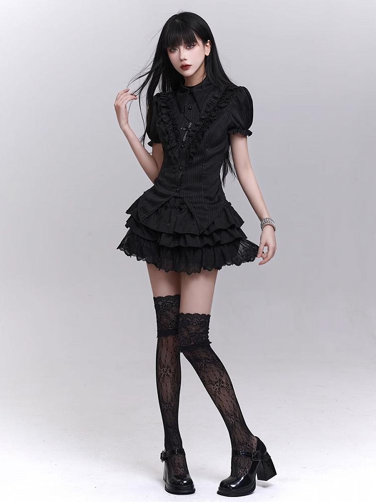 Black Elastic Waist Lace Trim Mini Tiered Skirt Bloomers Lining