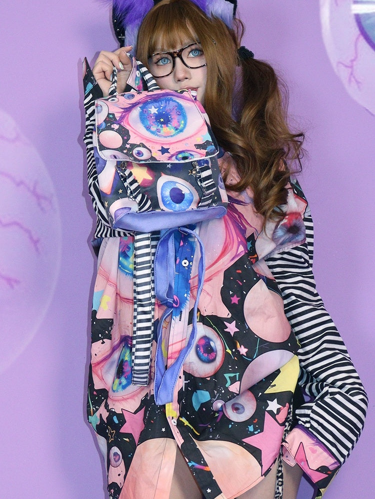 Colorful Guro Kawaii Fold-Over Flap Design Eyes Print Backpack