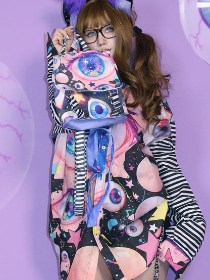 Colorful Guro Kawaii Fold-Over Flap Design Eyes Print Backpack