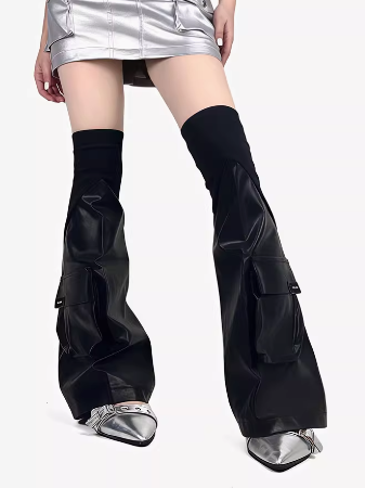 Black PU Cargo Pocket Punk Leg Warmers