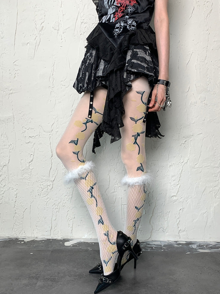 White Y2K Feather Decorated Fishnet Design Underknee Stockings