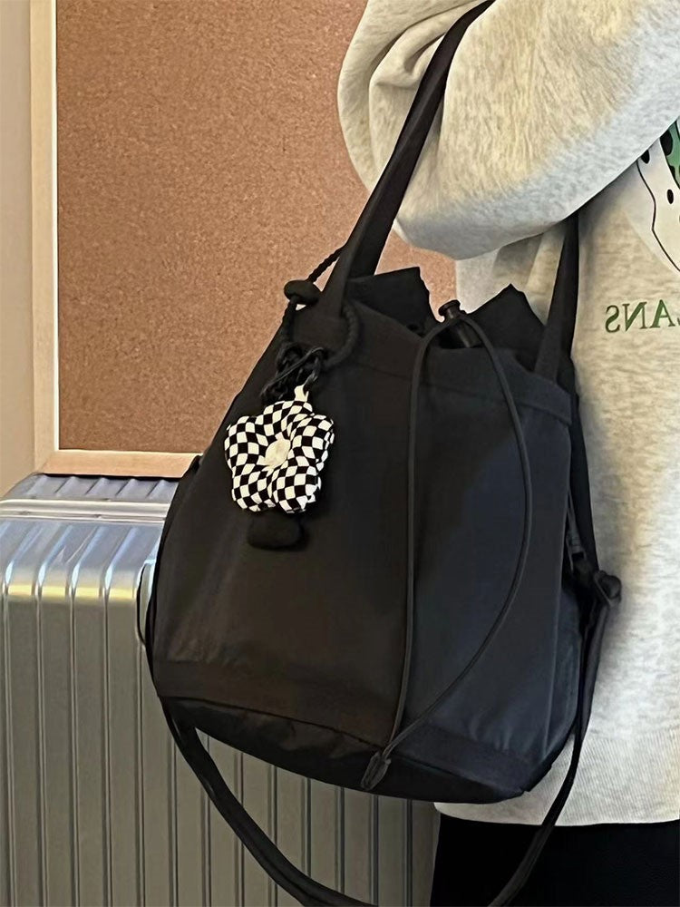 Chic Black Drawstring Bucket Bag With Large Capacity