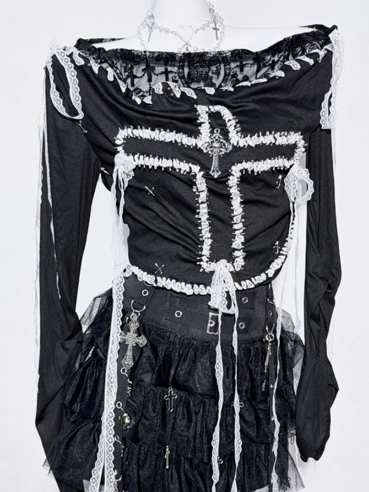 Black Cross Design White Lace Trim Fake Two-piece Top