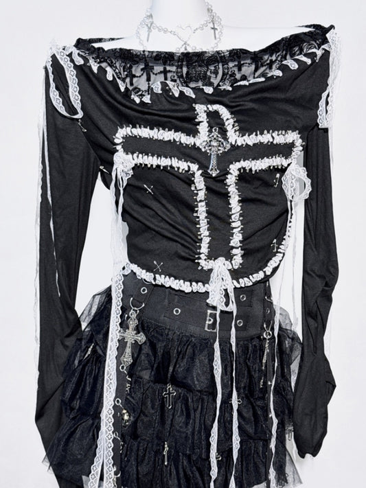 Black Cross Design White Lace Trim Fake Two-piece Top