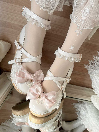 White Bow at Top Crisscross Design Heart Buckles Lace Trim Platforms