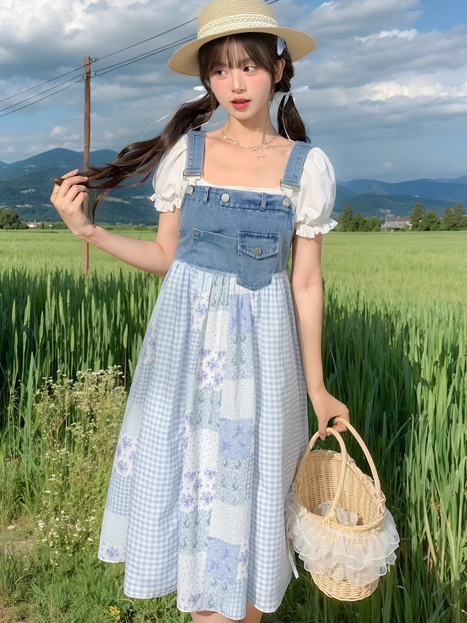 Blue Plaid and Floral Patchwork Design Mori Kei Denim Overall Dress