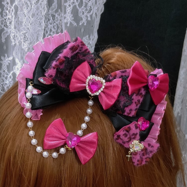 5 Color Options Two Leopard Pattern Rhinestone Heart Decorated Bead Chain Hairclips