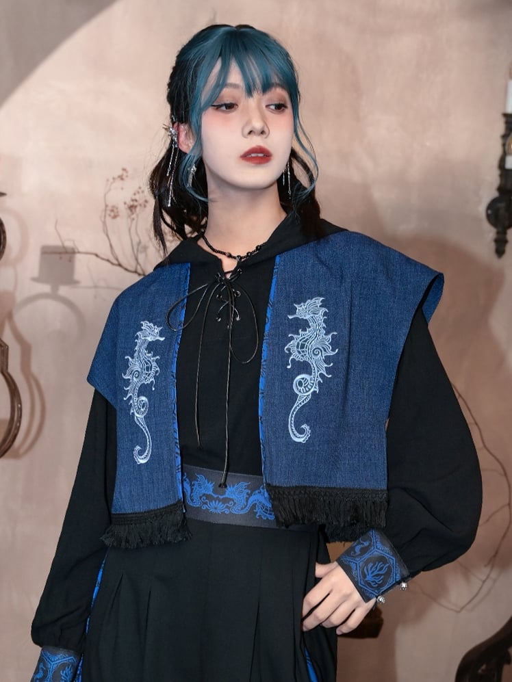 Seahorse Embroidery Tassel Hem Open Placket Blue Cheongsam Style Top