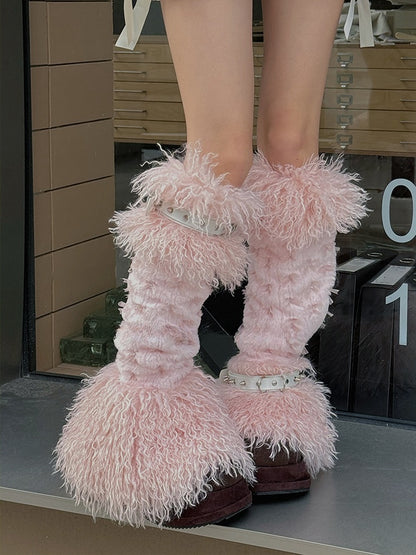 Pink Bowknot Stud Buckle Strap Shaggy Leg Warmers