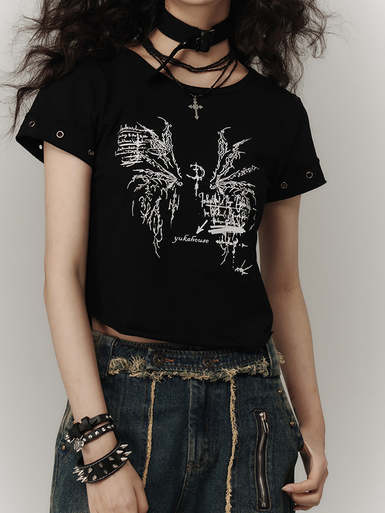Black Wings Print Cotton Cropped T-shirt with Choker