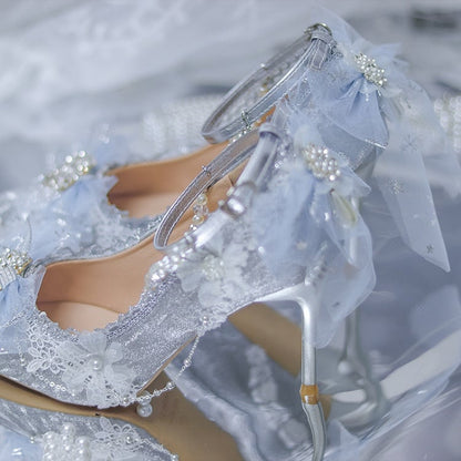 Silver Rhinestone Bowknot Detachable Beaded Chain Glittering 6CM/8CM Hime Lolita Heels