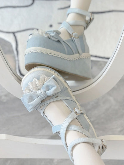 Velvet Blue Sweet Lolita Platform Mary Janes - Lace-Trimmed Bow, Heart Buckle & Crisscross Straps