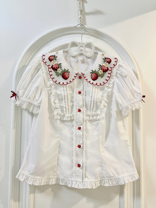 Clearance-Size M for Bust 94CM Red Strawberry Embroidery Collar White Short Sleeves Blouse