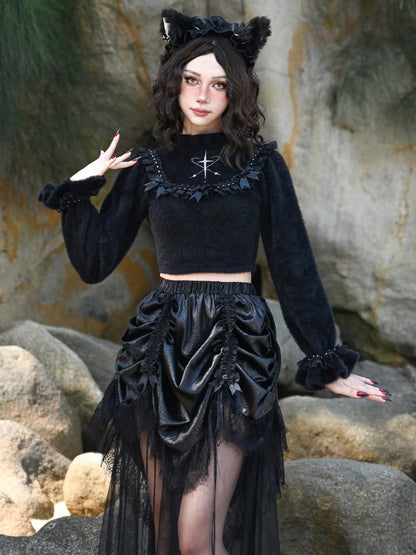 Bowknot Details Black Ruffle Neckline Cropped Sweater