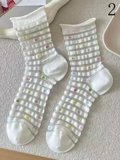 Colorful Stripes Polka-dot/Bowknot/Floral Pattern Hollow-out Calf Socks
