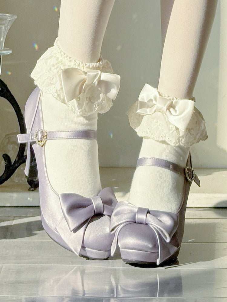 Sophisticated Lolita Purple High Heels - Sparkling Heart Clasp with Ornate Bow Details