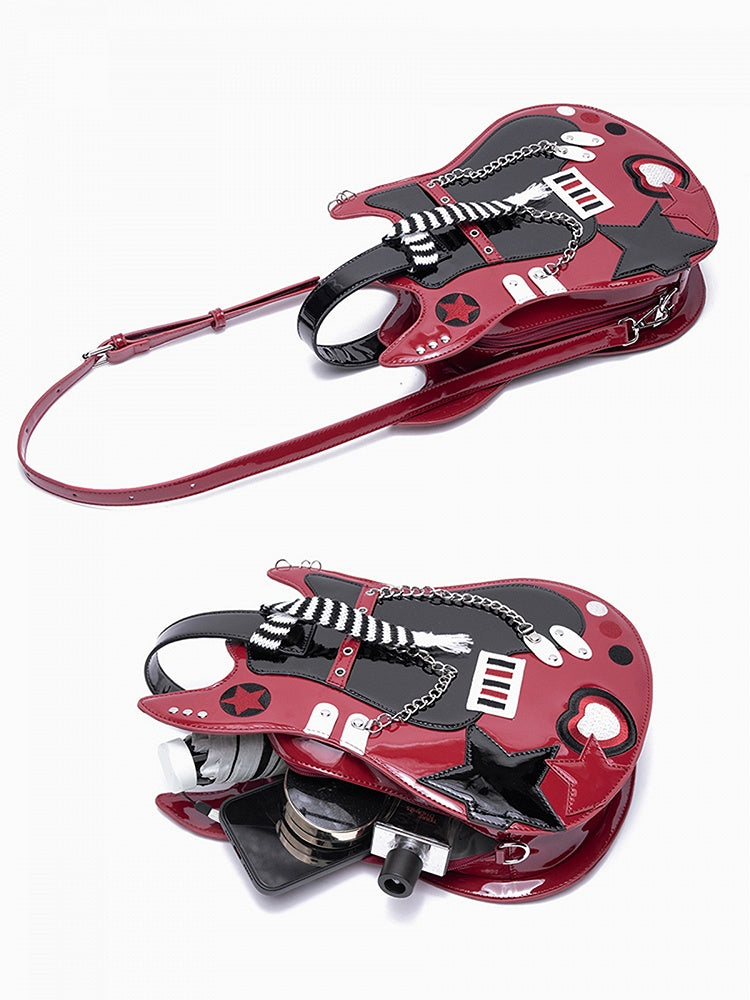 Red & Black Star Design Sweetheart Embroidered Guitar-shaped Bag