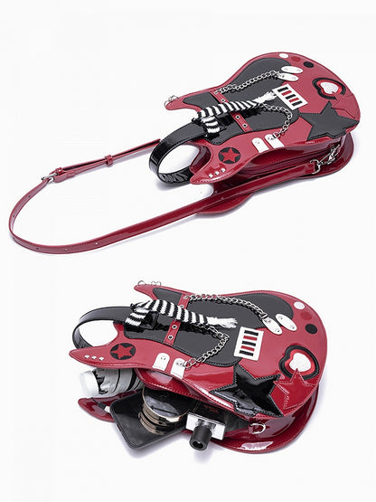 Red & Black Star Design Sweetheart Embroidered Guitar-shaped Bag