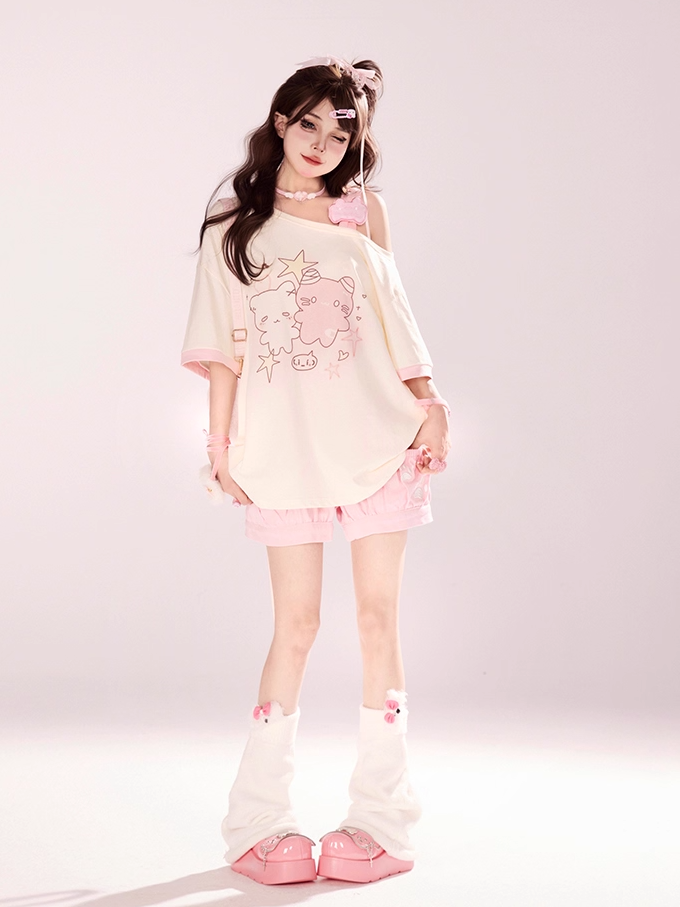 Cartoon Kitty Print Pink/Blue/Black Asymmetrical Neckline T-shirt