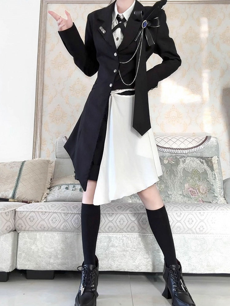 Ouji Lolita White and Black Eight-Piece Set - Asymmetrical Design Coat + Shirt + Shorts + Matching Accessories