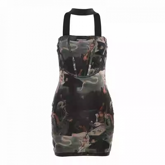 Black Oil Painting Print Halter Neck Glamorous Slim-fitting Mini Dress