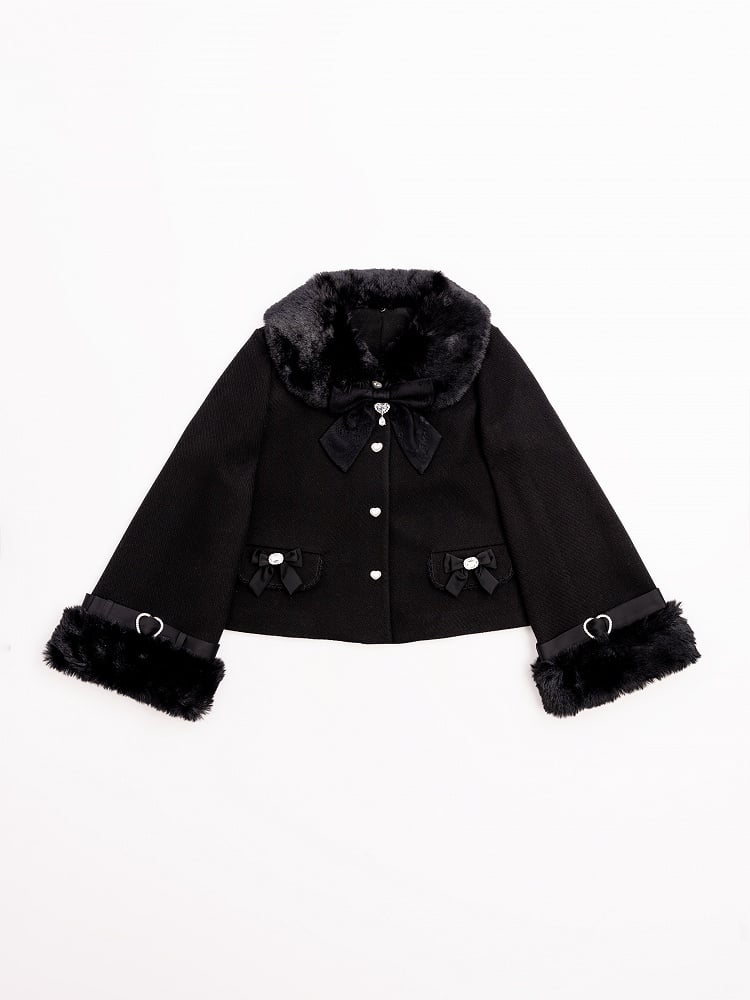 Jirai Kei Black Detachable Faux Fur Collar and Cuffs Landmine Style Coat