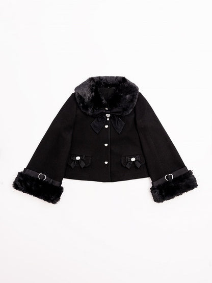 Jirai Kei Black Detachable Faux Fur Collar and Cuffs Landmine Style Coat