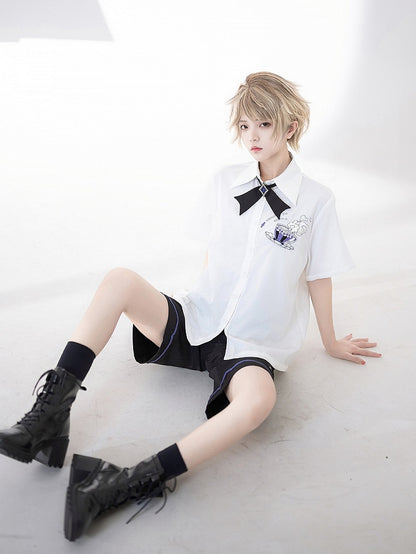 White Summer Ouji Fashion Tea Cup Embroidery Pocket Shirt