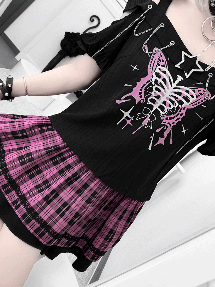 Y2K Chains Embellished Neckline Butterfly Print Black T-shirt with Pink Plaid Skirt Set